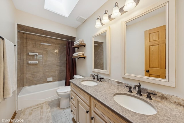 10809 Chaucer Dr, Willow Springs, IL 60480 - full bathroom with shower / tub combo with curtain, double vanity, a skylight, and tile patterned flooring