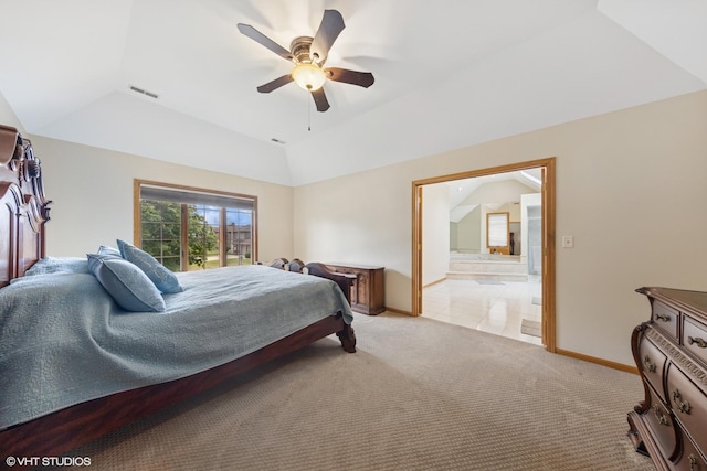 10809 Chaucer Dr, Willow Springs, IL 60480 - bedroom with lofted ceiling, light colored carpet, ensuite bath, and ceiling fan