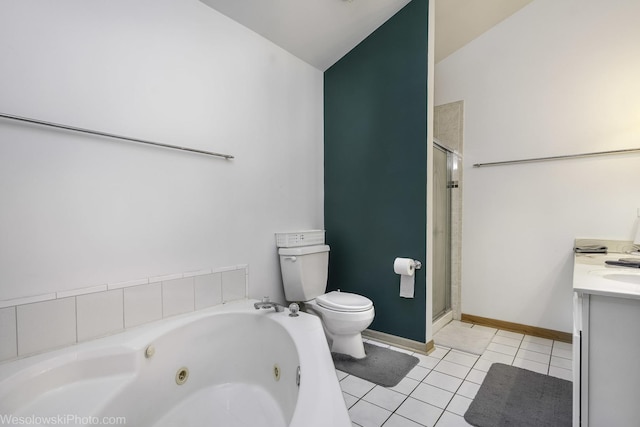 20739 N Weiland Rd, Prairie View, IL 60069 - bathroom featuring a tub with jets, a shower stall, tile patterned floors, vaulted ceiling, and double vanity