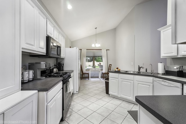 20739 N Weiland Rd, Prairie View, IL 60069 - kitchen featuring white appliances, dark countertops, white cabinets, a chandelier, and high vaulted ceiling