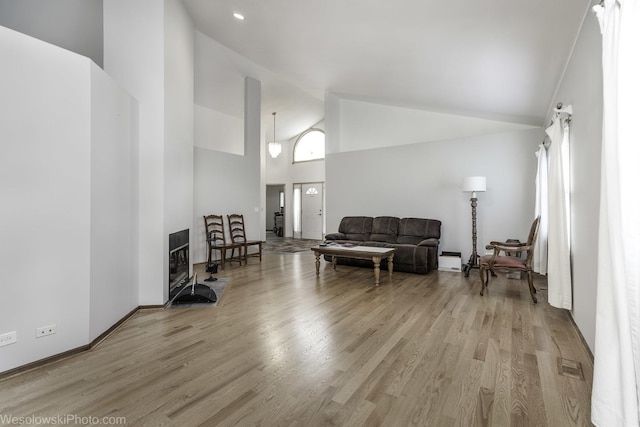 20739 N Weiland Rd, Prairie View, IL 60069 - living room featuring a glass covered fireplace, wood finished floors, high vaulted ceiling, recessed lighting, and a baseboard radiator