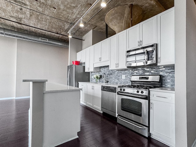 1550 S Blue Island Ave Unit 1125, Chicago, IL 60608 - kitchen with appliances with stainless steel finishes, dark wood-type flooring, decorative backsplash, white cabinets, and rail lighting