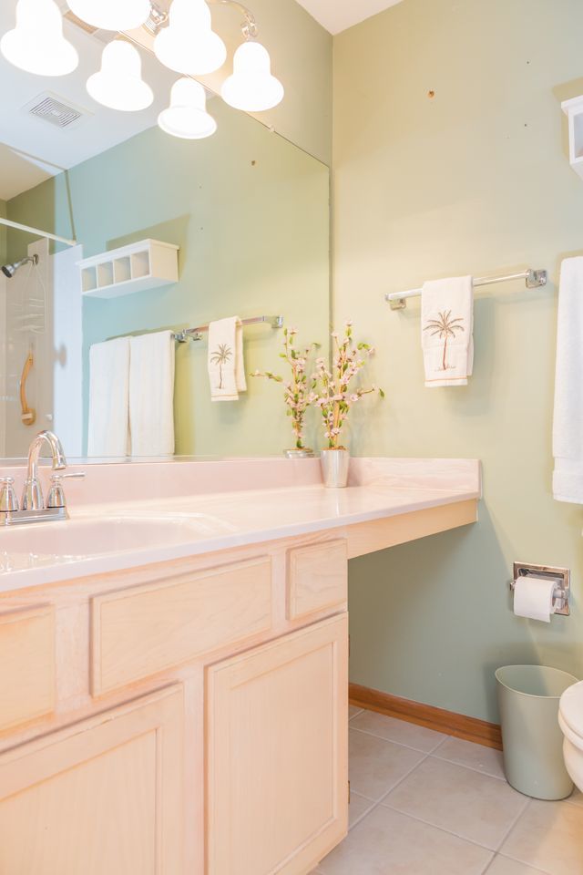 216 Dickens Trl, Elgin, IL 60120 - bathroom with tile patterned floors, vanity, and a shower