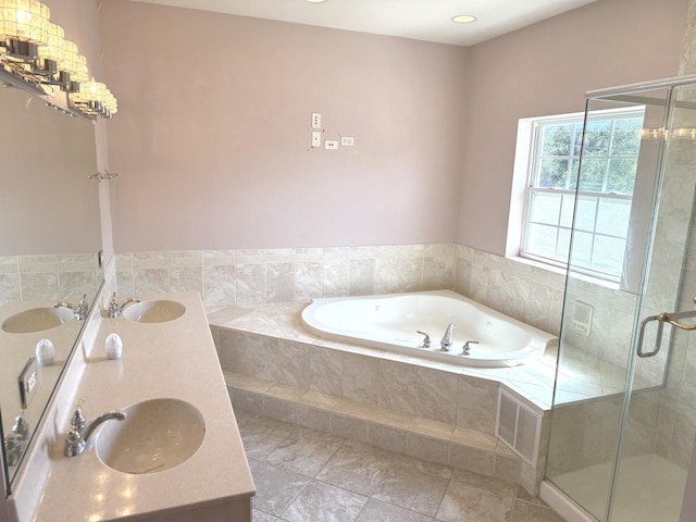 1136 Park Pl, Bellwood, IL 60104 - bathroom with a garden tub, double vanity, and a shower stall