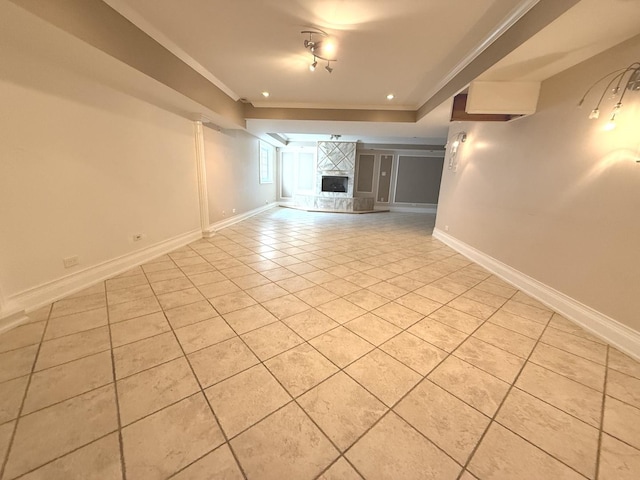 1136 Park Pl, Bellwood, IL 60104 - unfurnished living room with light tile patterned floors, crown molding, a fireplace, and a tray ceiling