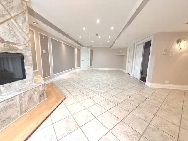 1136 Park Pl, Bellwood, IL 60104 - unfurnished living room featuring light tile patterned floors, recessed lighting, a premium fireplace, and ornamental molding