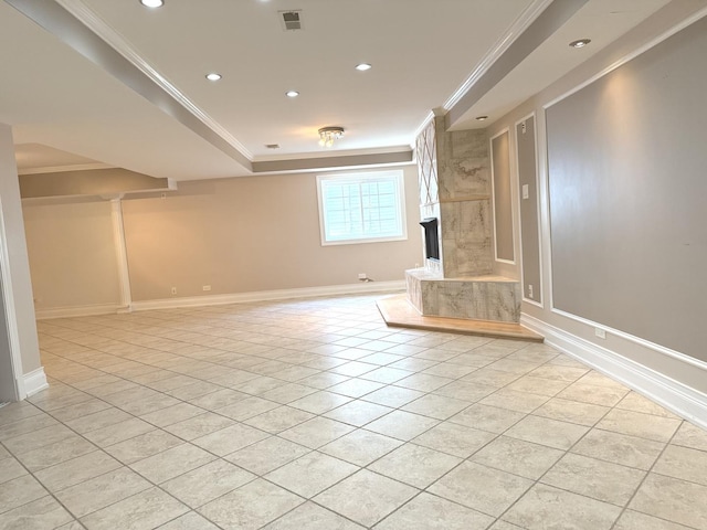 1136 Park Pl, Bellwood, IL 60104 - unfurnished living room featuring crown molding, a large fireplace, light tile patterned flooring, recessed lighting, and a raised ceiling