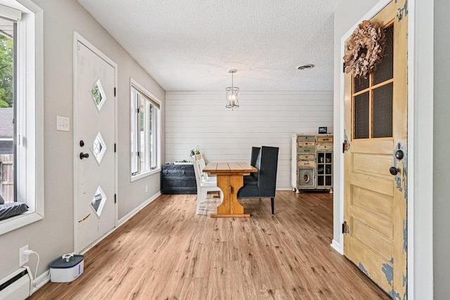 412 E S St, Peotone, IL 60468 - entryway with baseboard heating, light wood-style flooring, a textured ceiling, and wooden walls