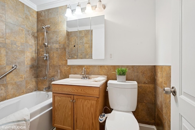2208 Foster St Unit A, Evanston, IL 60201 - full bath with tile walls, vanity, washtub / shower combination, and crown molding