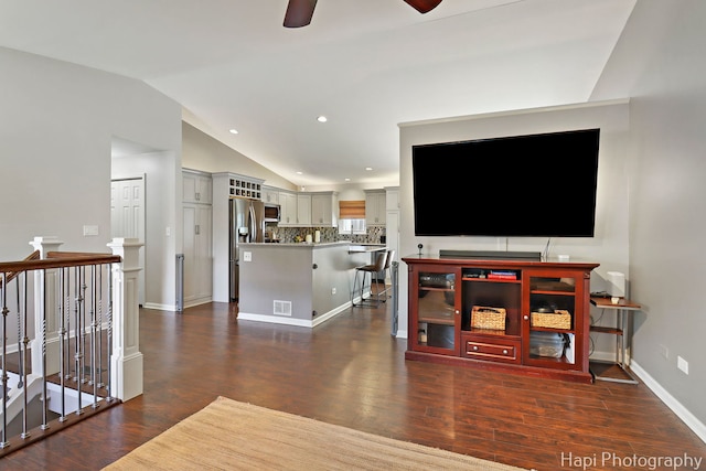 809 W Sheridan Rd, Mchenry, IL 60051 - living area featuring ceiling fan, lofted ceiling, dark wood-type flooring, and recessed lighting