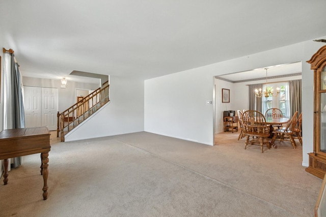 1021 Mobile Cir, Elk Grove Village, IL 60007 - living room with carpet, a chandelier, and stairway