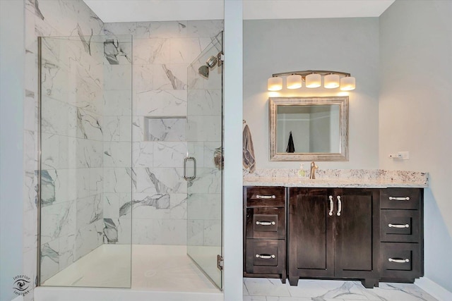 24401 S Clydesdale Ct, Manhattan, IL 60442 - full bathroom featuring a stall shower, marble look tiles, and vanity