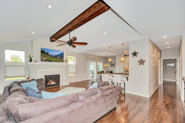 24401 S Clydesdale Ct, Manhattan, IL 60442 - living room with ceiling fan, dark wood finished floors, a glass covered fireplace, and recessed lighting