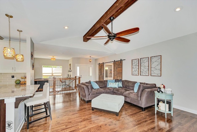 24401 S Clydesdale Ct, Manhattan, IL 60442 - living area featuring a barn door, a ceiling fan, wood finished floors, and recessed lighting