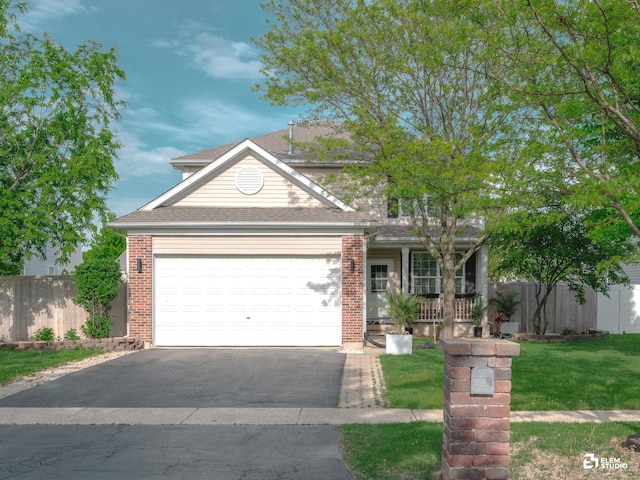 424 Grape Vine Trl, Oswego, IL 60543 - traditional-style house with asphalt driveway, an attached garage, a porch, brick siding, and roof with shingles