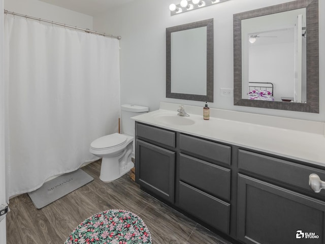 424 Grape Vine Trl, Oswego, IL 60543 - bathroom featuring vanity, wood finished floors, and curtained shower