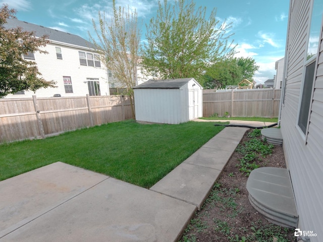 424 Grape Vine Trl, Oswego, IL 60543 - fenced backyard featuring a shed and a patio area