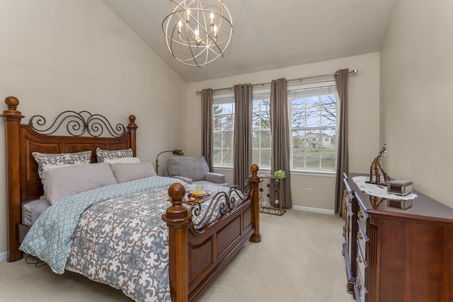 1780 Briarheath Dr, Aurora, IL 60505 - bedroom featuring light carpet, vaulted ceiling, and a chandelier