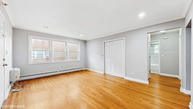 4629 Main St Unit 2A, Skokie, IL 60076 - unfurnished bedroom featuring a baseboard radiator, light wood-style floors, crown molding, multiple windows, and recessed lighting