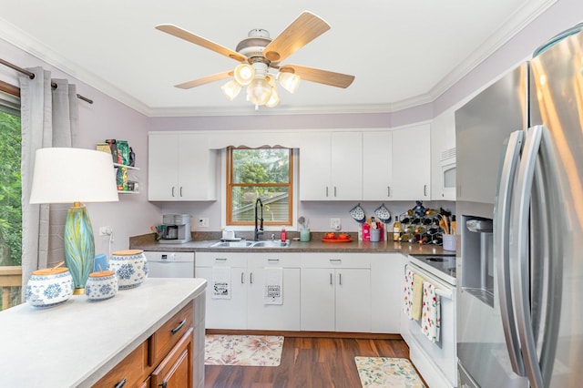 615 S 12th Ave, Saint Charles, IL 60174 - kitchen featuring white appliances, dark wood finished floors, crown molding, white cabinetry, and a ceiling fan