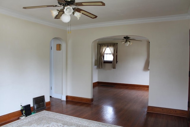 316 Marguerite St, Elgin, IL 60123 - unfurnished room featuring arched walkways, a ceiling fan, wood finished floors, and ornamental molding