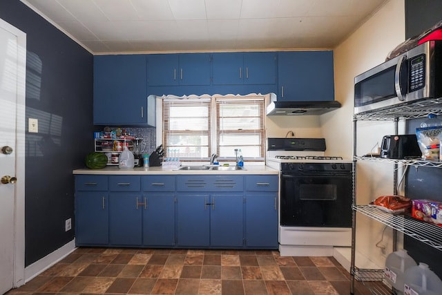 208 Frank Ave, Joliet, IL 60435 - kitchen featuring gas stove, blue cabinetry, stainless steel microwave, wall chimney range hood, and light countertops