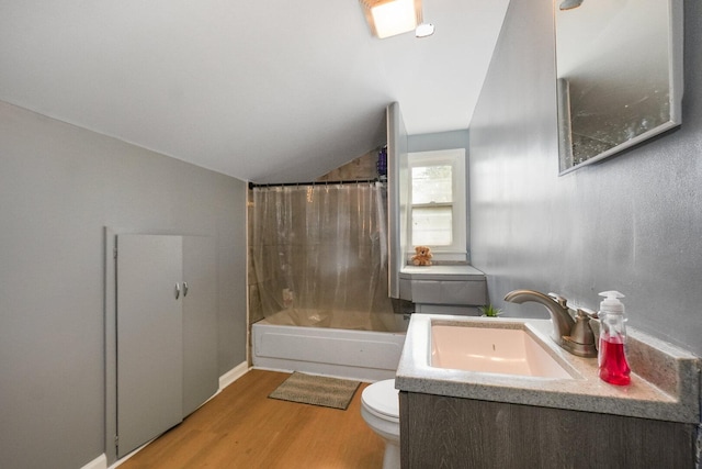 208 Frank Ave, Joliet, IL 60435 - bathroom with lofted ceiling, wood finished floors, vanity, and shower / bath combination with curtain