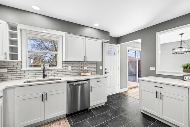 16961 Parkside Ave, South Holland, IL 60473 - kitchen featuring stainless steel dishwasher, backsplash, white cabinetry, light stone countertops, and recessed lighting