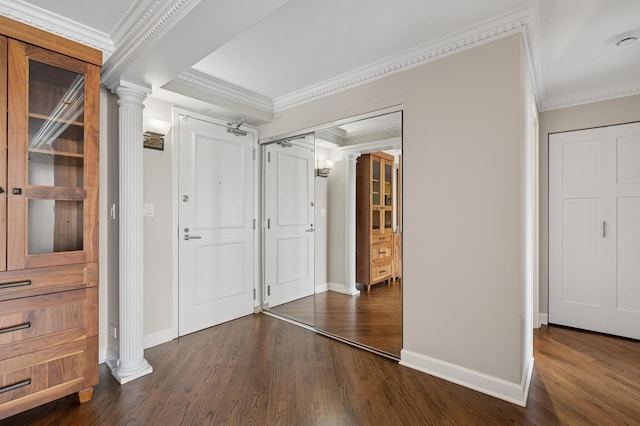 1250 N Dearborn St Unit 10B, Chicago, IL 60610 - hallway featuring ornate columns, dark wood-type flooring, and crown molding