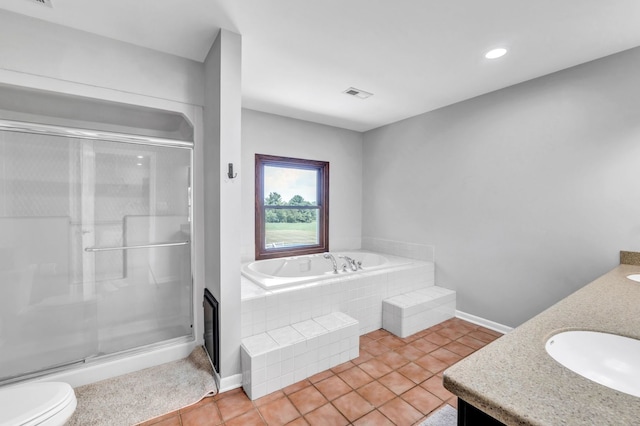 9822 W Pauling Rd, Monee, IL 60449 - bathroom featuring a shower stall, double vanity, a bath, tile patterned floors, and recessed lighting