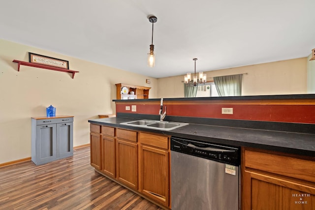 1075 Christine Ln, Antioch, IL 60002 - kitchen featuring dishwasher, a chandelier, dark countertops, dark wood-style floors, and hanging light fixtures