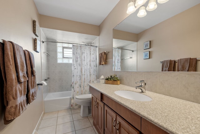 8424 Moody Ave, Burbank, IL 60459 - bathroom featuring vanity, shower / bath combo with shower curtain, tile patterned floors, decorative backsplash, and a chandelier