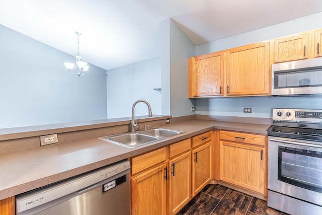 1521 Silverstone Dr Unit 3, Carpentersville, IL 60110 - kitchen with appliances with stainless steel finishes, pendant lighting, a chandelier, light brown cabinetry, and dark wood-style flooring