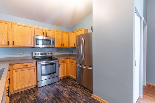 1521 Silverstone Dr Unit 3, Carpentersville, IL 60110 - kitchen with appliances with stainless steel finishes, dark wood-style floors, lofted ceiling, and light countertops