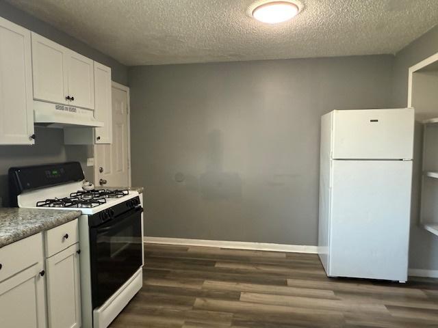 622 N Pine St, Waukegan, IL 60085 - kitchen with freestanding refrigerator, gas stove, under cabinet range hood, dark wood-style flooring, and a textured ceiling
