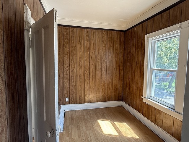 6044 S Justine St, Chicago, IL 60636 - spare room with plenty of natural light, light wood-type flooring, ornamental molding, and wooden walls