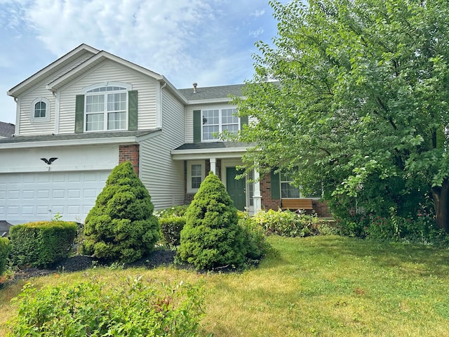 6814 Sahara Dr, Plainfield, IL 60586 - traditional-style house featuring brick siding, a garage, a front lawn, and roof with shingles