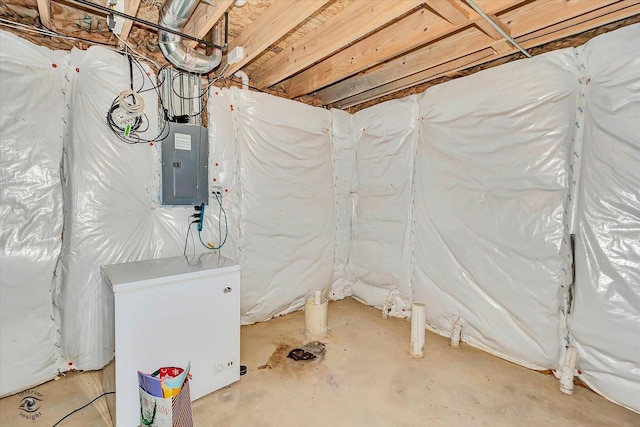 1112 Kim Ct, Joliet, IL 60431 - unfinished below grade area with electric panel and fridge