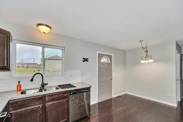 1112 Kim Ct, Joliet, IL 60431 - kitchen with dishwasher, dark brown cabinetry, tasteful backsplash, and dark wood-style flooring