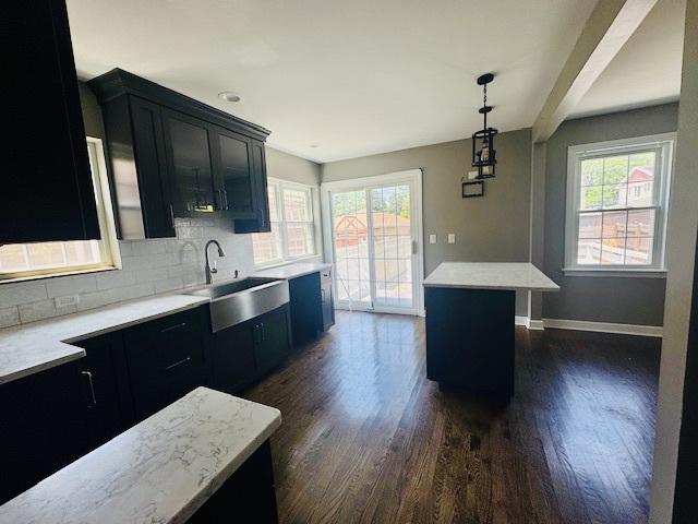2544 W 107th St, Chicago, IL 60655 - kitchen featuring dark cabinetry, dark wood finished floors, and healthy amount of natural light
