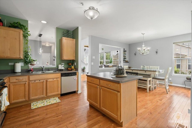 2039 Muirfield Dr, Yorkville, IL 60560 - kitchen with stainless steel dishwasher, dark countertops, a chandelier, light wood-style floors, and recessed lighting