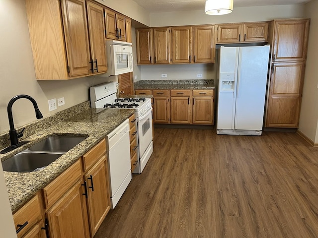 2020 Saint Regis Dr Unit 501, Lombard, IL 60148 - kitchen featuring white appliances, dark wood-style flooring, dark stone counters, and brown cabinetry
