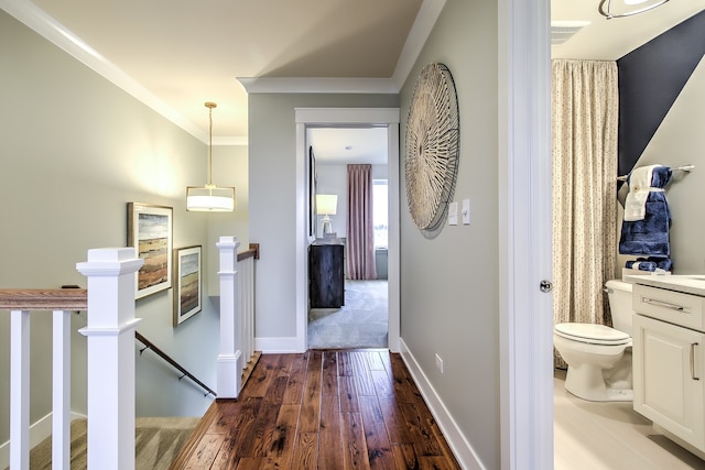 1552 Times Dr, Des Plaines, IL 60018 - hall with an upstairs landing, hardwood / wood-style flooring, and crown molding