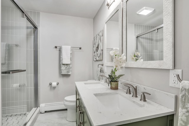 31340 N Liberty Rd, Grayslake, IL 60030 - full bath with baseboard heating, a tile shower, double vanity, and marble look tile flooring