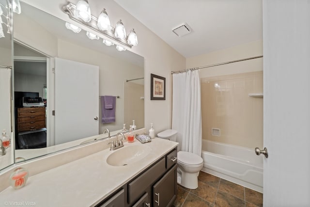 2243 Camden Ln, Hanover Park, IL 60133 - full bathroom featuring vanity, shower / tub combo with curtain, and stone finish flooring