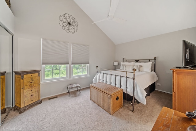 2243 Camden Ln, Hanover Park, IL 60133 - carpeted bedroom with high vaulted ceiling and ceiling fan