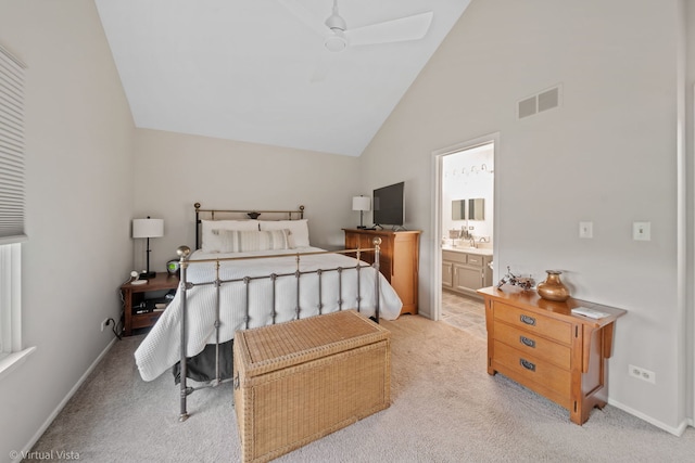2243 Camden Ln, Hanover Park, IL 60133 - bedroom with light colored carpet, ensuite bathroom, high vaulted ceiling, and a ceiling fan