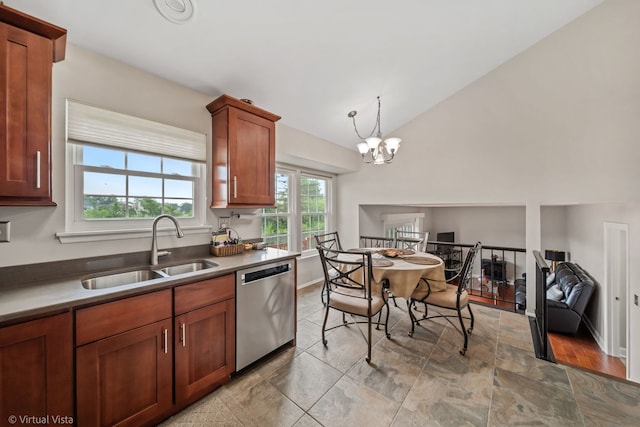2243 Camden Ln, Hanover Park, IL 60133 - kitchen with stainless steel dishwasher, a chandelier, pendant lighting, brown cabinetry, and high vaulted ceiling
