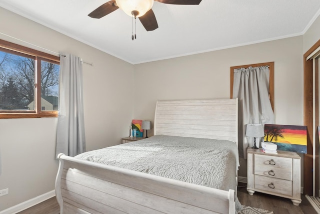 240 Miami St, Park Forest, IL 60466 - bedroom featuring ornamental molding, dark wood finished floors, and ceiling fan