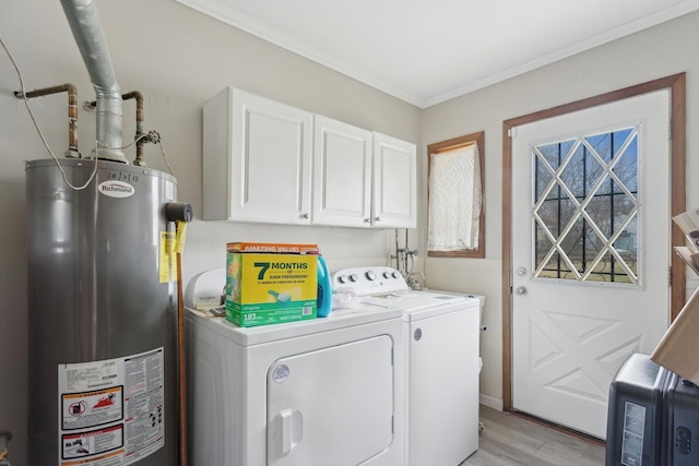 240 Miami St, Park Forest, IL 60466 - laundry room with water heater, cabinet space, washing machine and clothes dryer, crown molding, and light wood-style flooring